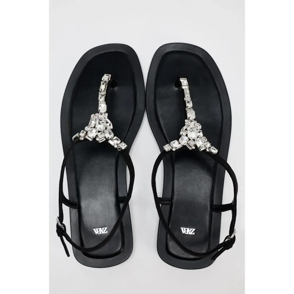 Black Zara Rhinestone Jewel Embellished Open-Toe Ankle Strap Flat Sandals (NWT) - Picture 2 of 8